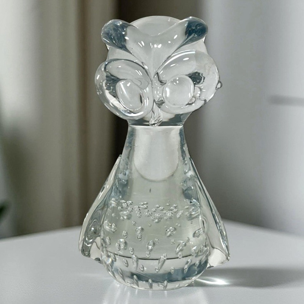 Vintage Art Glass Crystal Owl Paperweight Clear Controlled Bubbles MCM Boho 5"‎